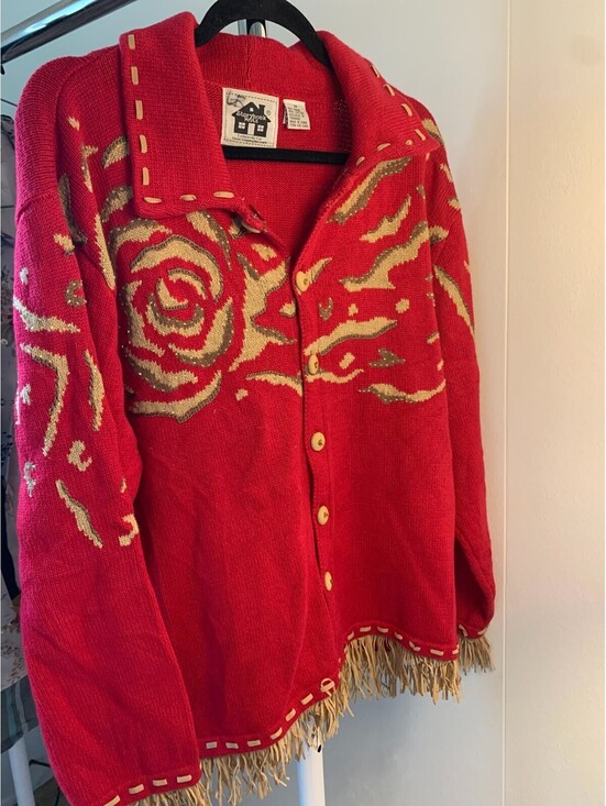 Storybook Knits Sweaters - Vintage Storybook Knits Cardigan Sweater Women's 1X Red with Fringe